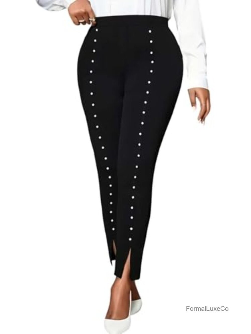 High-Waist Pearl Beaded Skinny Pants Split Hem Stretch Slim Fit Work